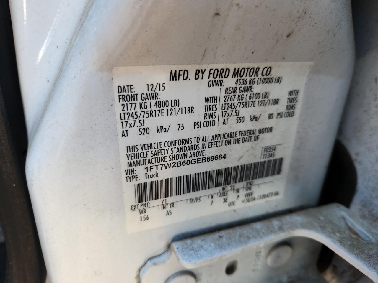 2016 Ford F250 Super Duty VIN: 1FT7W2B60GEB69684 Lot: 87028095