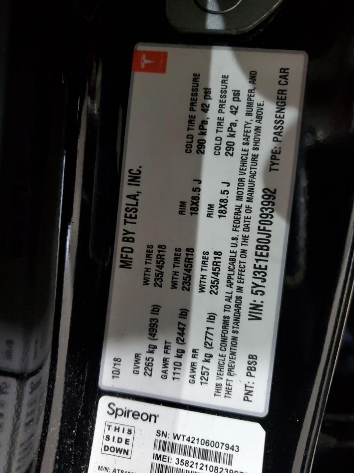 2018 Tesla Model 3 VIN: 5YJ3E1EB0JF093992 Lot: 87238215