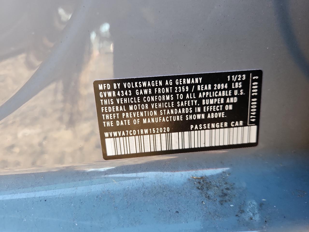 2024 Volkswagen Gti Autobahn VIN: WVWVA7CD1RW152020 Lot: 84943915