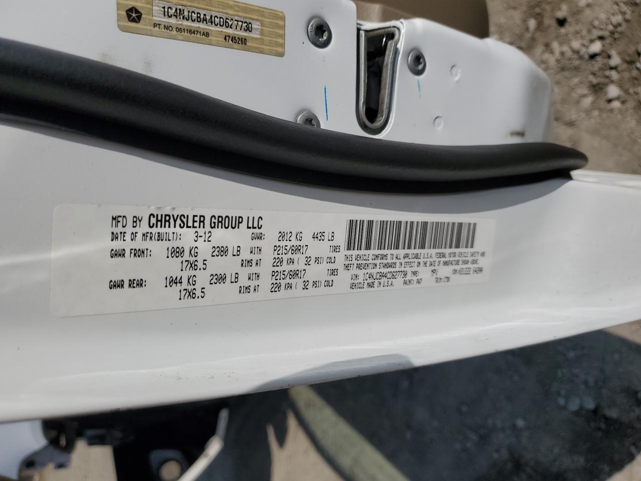 2012 Jeep Compass Sport VIN: 1C4NJCBA4CD627730 Lot: 85513705