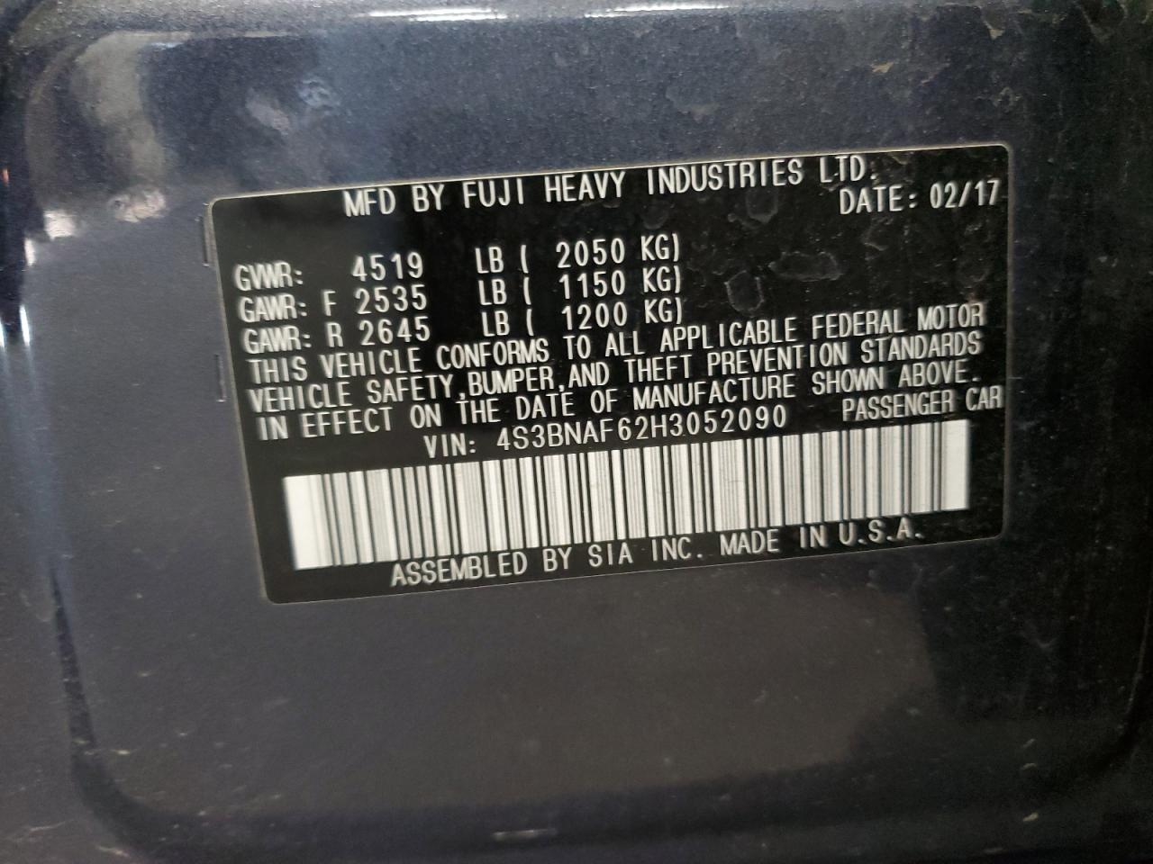 2017 Subaru Legacy 2.5I Premium VIN: 4S3BNAF62H3052090 Lot: 84447815