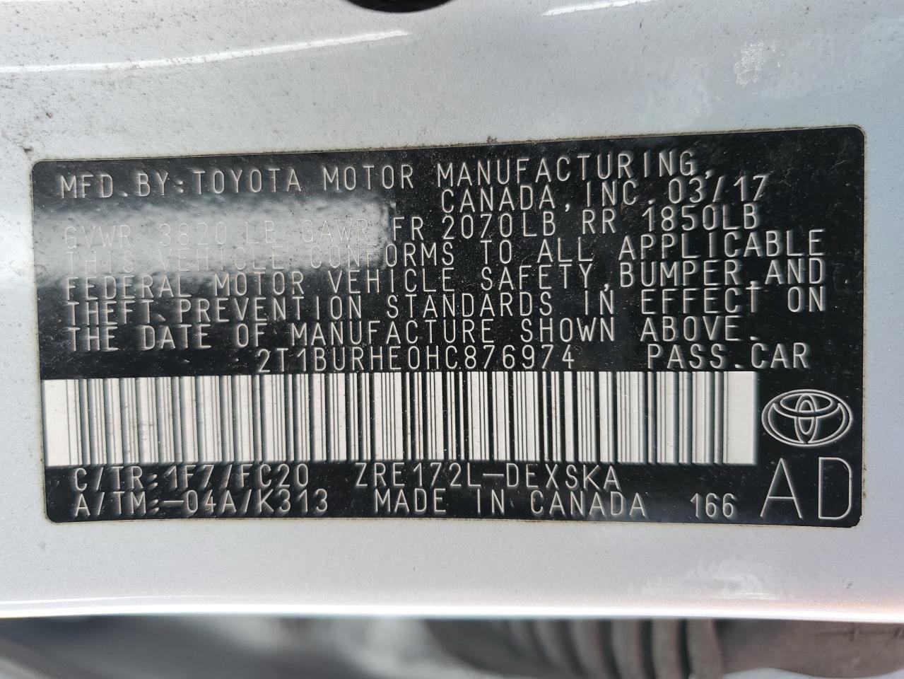 2017 Toyota Corolla L VIN: 2T1BURHE0HC876974 Lot: 85558095