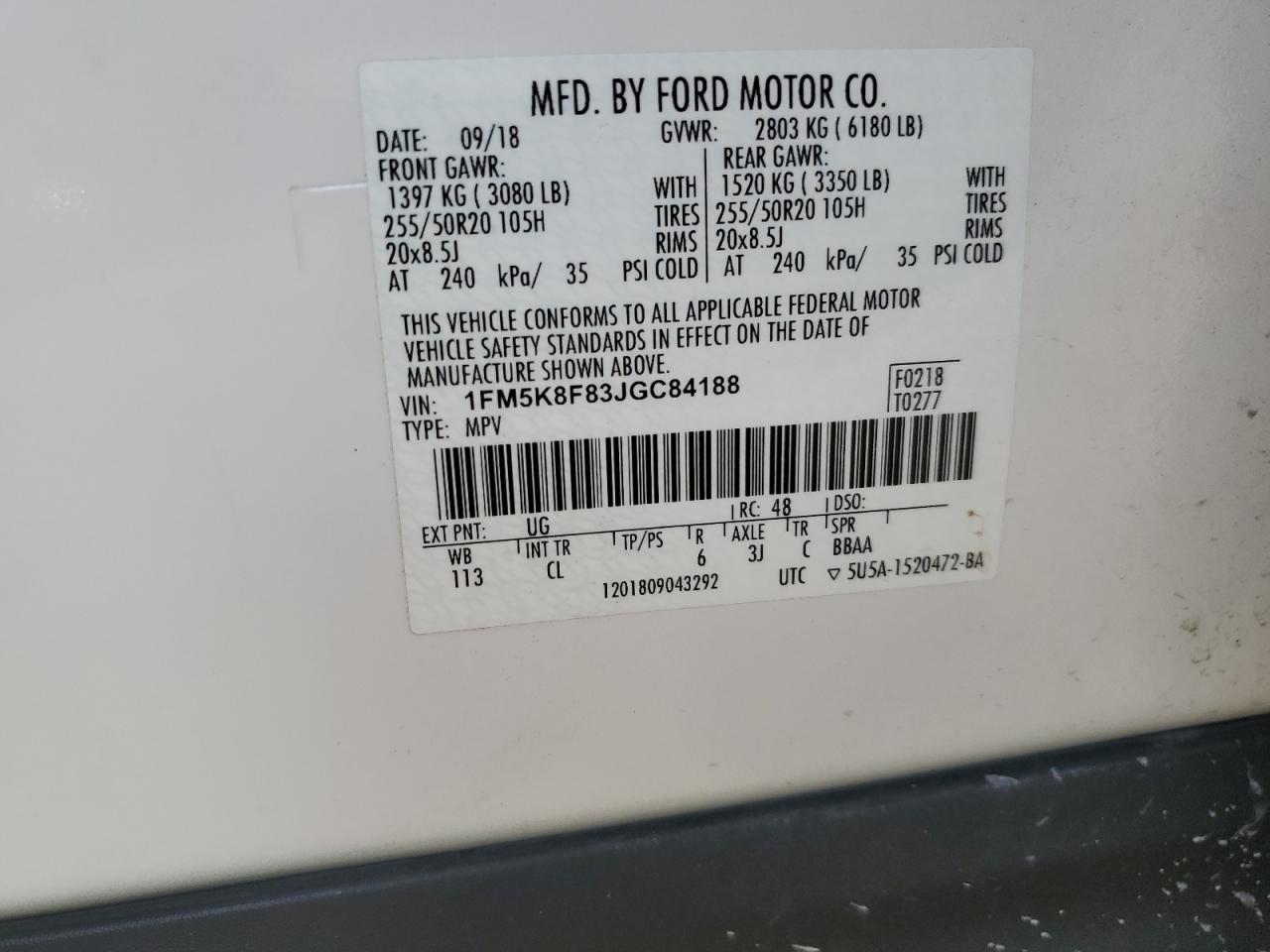 2018 Ford Explorer Limited VIN: 1FM5K8F83JGC84188 Lot: 86171685