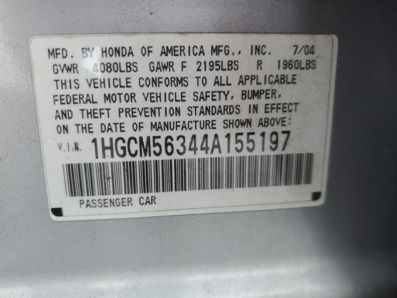 2004 Honda Accord Lx VIN: 1HGCM56344A155197 Lot: 82341925