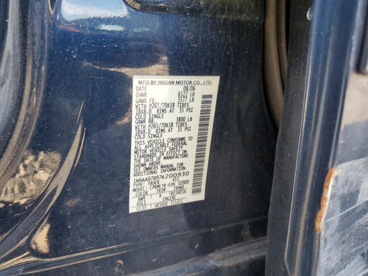 2007 Nissan Titan Xe VIN: 1N6AA07B97N200930 Lot: 81993135