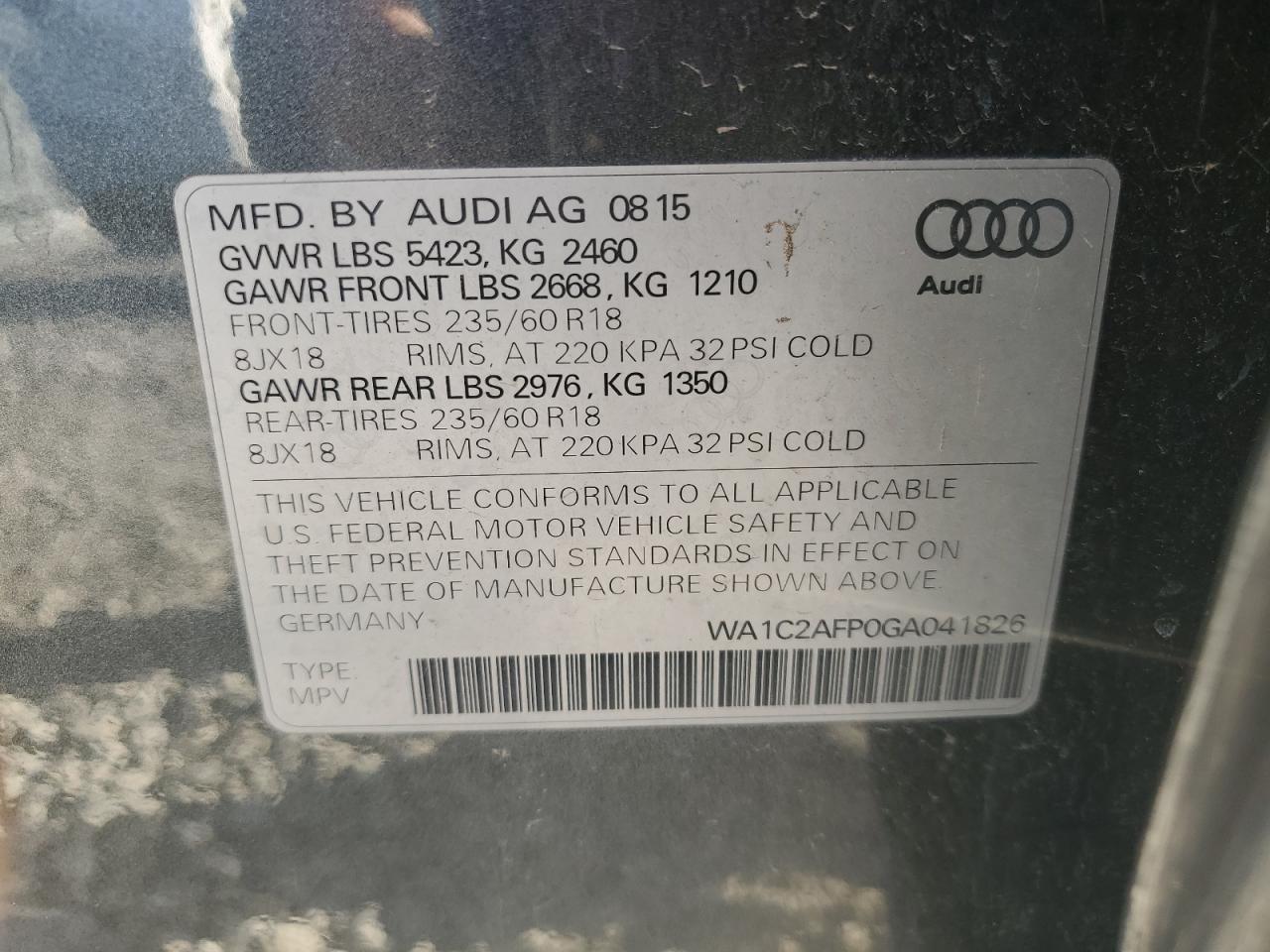 2016 Audi Q5 Premium VIN: WA1C2AFP0GA041826 Lot: 86141245
