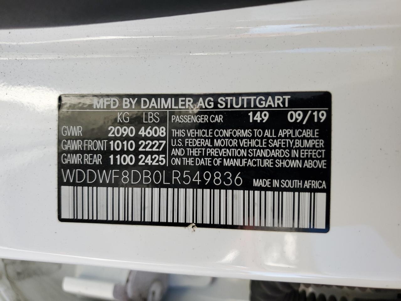 2020 Mercedes-Benz C 300 VIN: WDDWF8DB0LR549836 Lot: 82660815