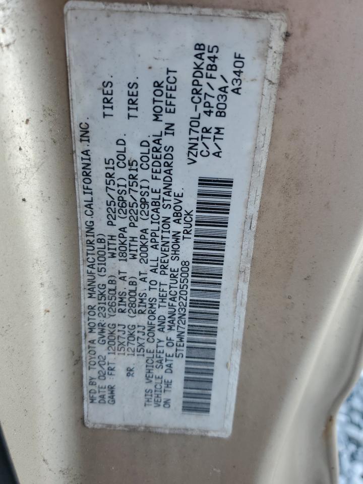 2002 Toyota Tacoma Xtracab VIN: 5TEWN72N32Z055008 Lot: 86598315