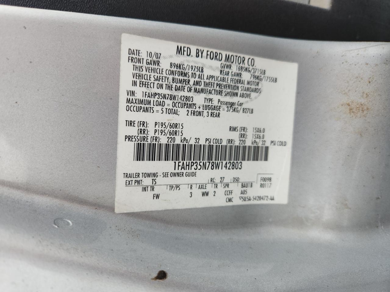 2008 Ford Focus Se VIN: 1FAHP35N78W142803 Lot: 85348675