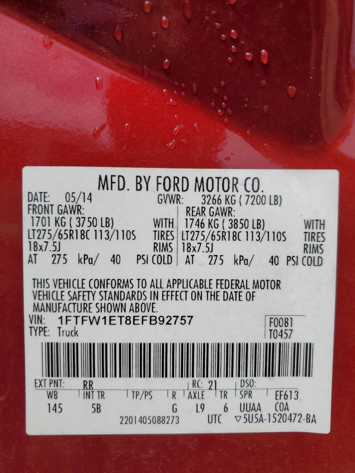 2014 Ford F150 Supercrew VIN: 1FTFW1ET8EFB92757 Lot: 85170195