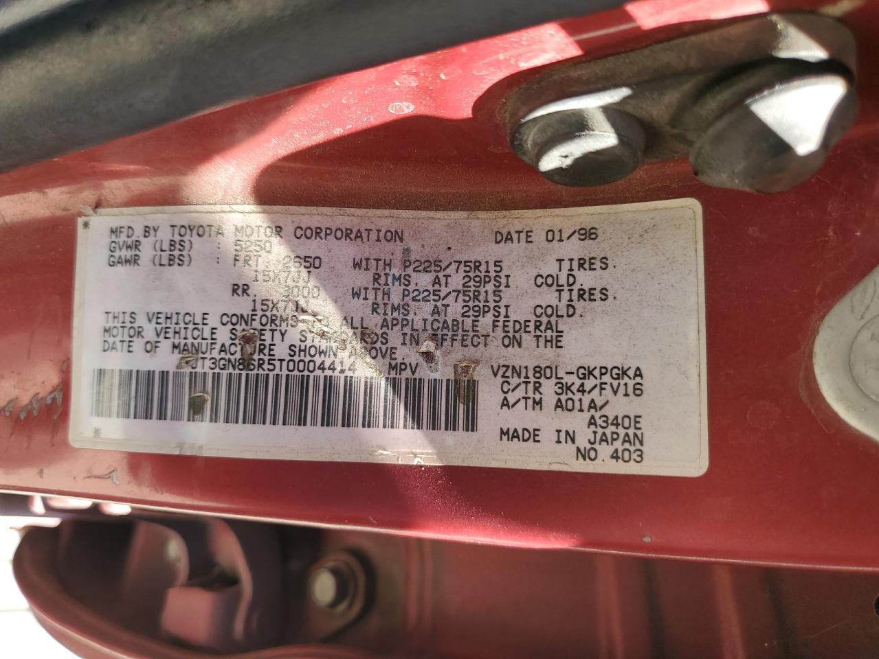 1996 Toyota 4Runner Sr5 VIN: JT3GN86R5T0004414 Lot: 86268995