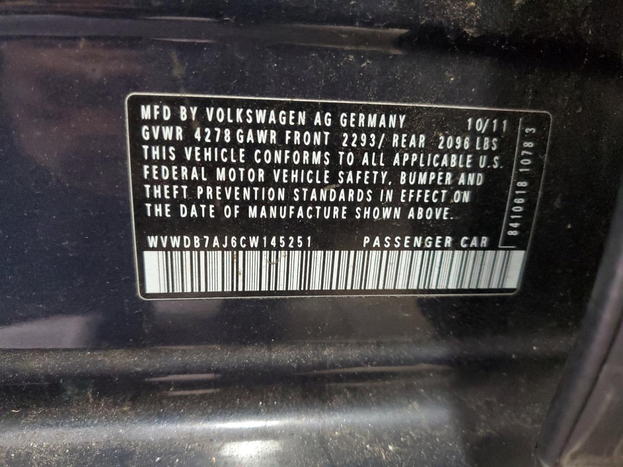 2012 Volkswagen Golf VIN: WVWDB7AJ6CW145251 Lot: 90293735