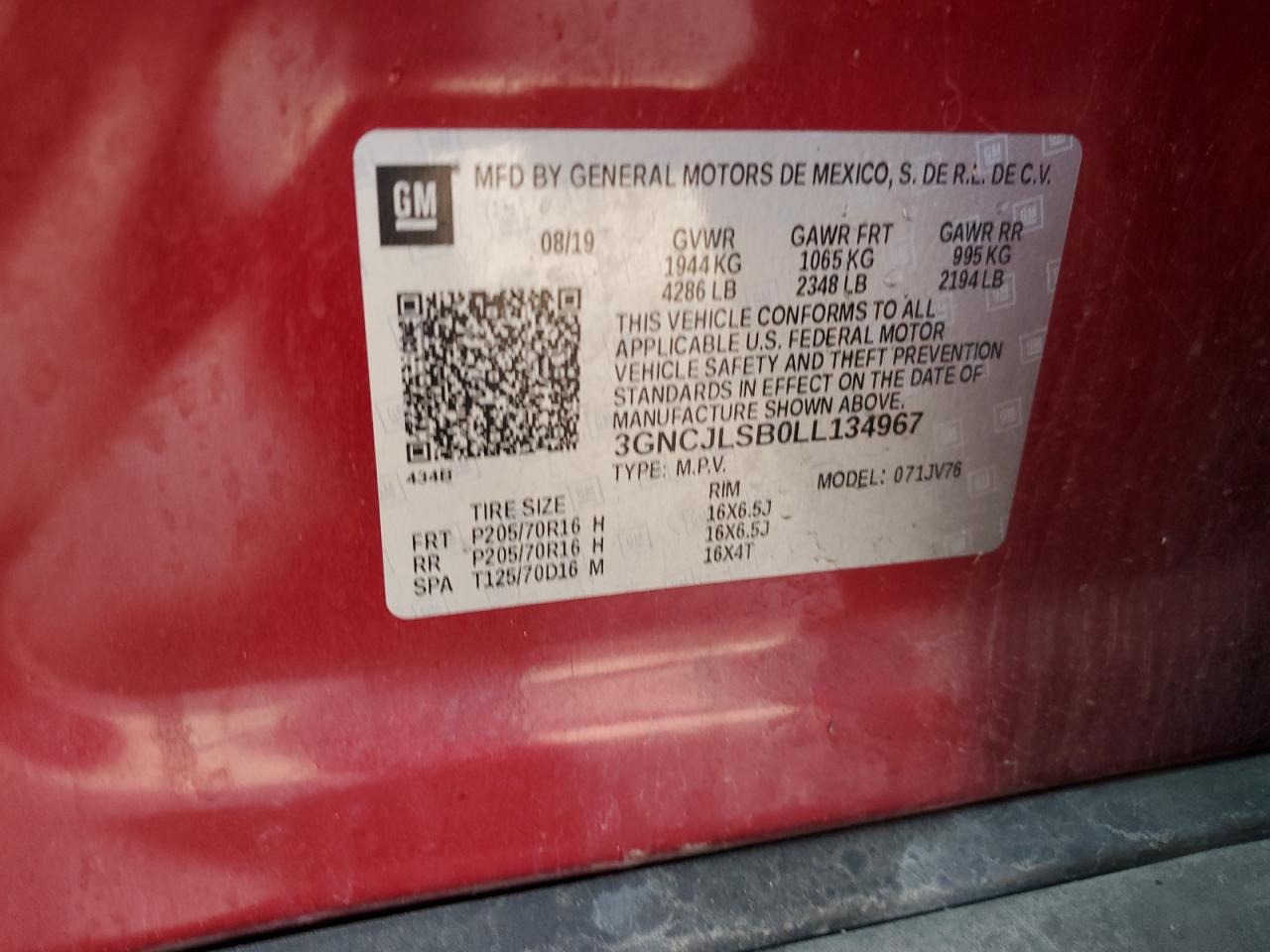 2020 Chevrolet Trax 1Lt VIN: 3GNCJLSB0LL134967 Lot: 90392545