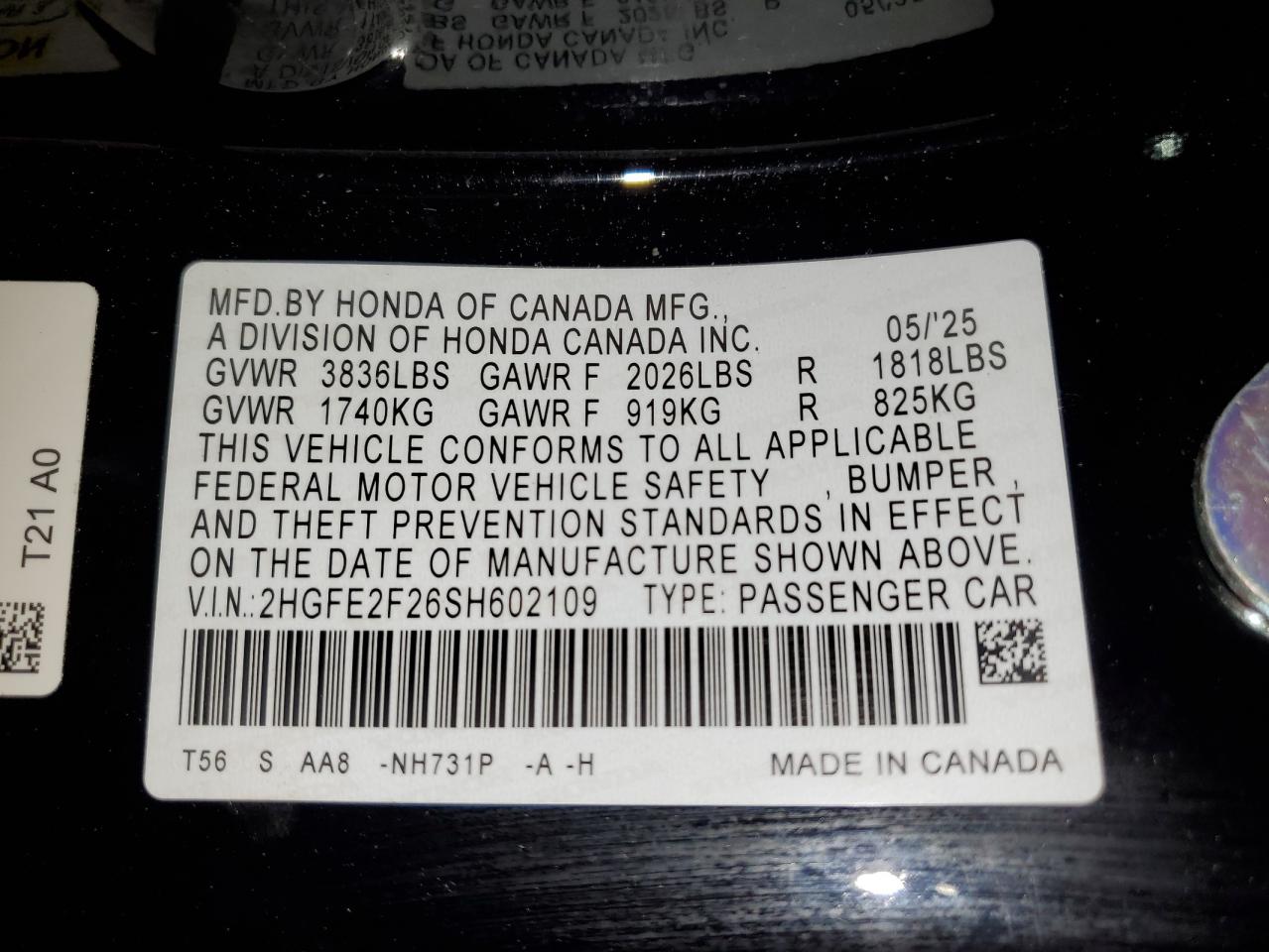 2025 Honda Civic Lx VIN: 2HGFE2F26SH602109 Lot: 85324485