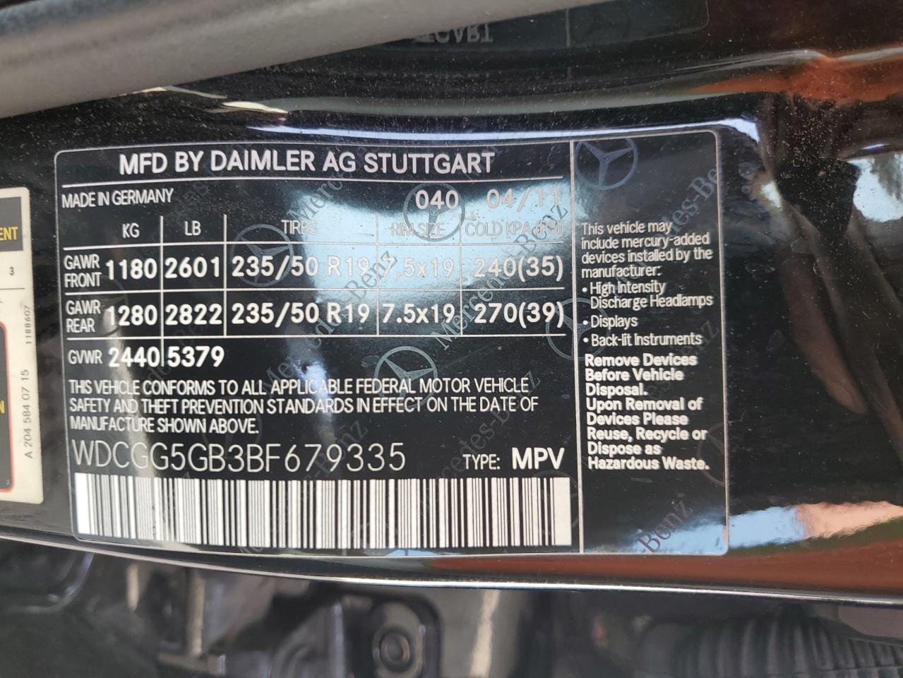 2011 Mercedes-Benz Glk 350 VIN: WDCGG5GB3BF679335 Lot: 85522055