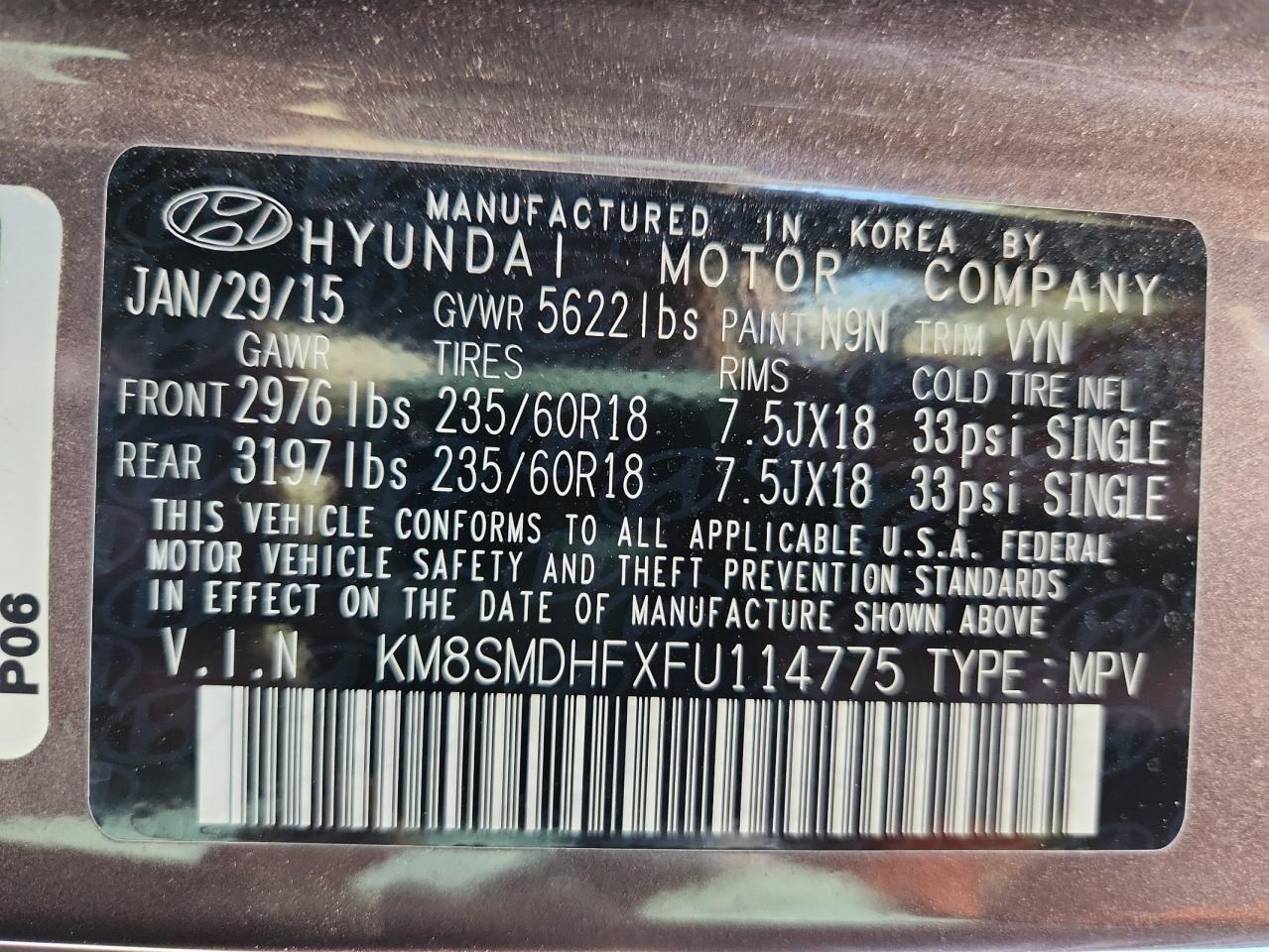 2015 Hyundai Santa Fe Gls VIN: KM8SMDHFXFU114775 Lot: 86691255