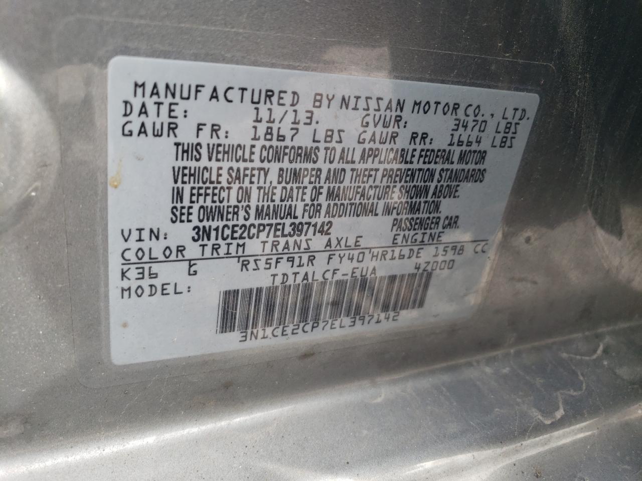 2014 Nissan Versa Note S VIN: 3N1CE2CP7EL397142 Lot: 85729595