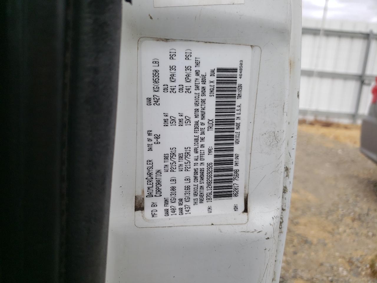 2002 Dodge Dakota Base VIN: 1B7GL12X82S692926 Lot: 84073435