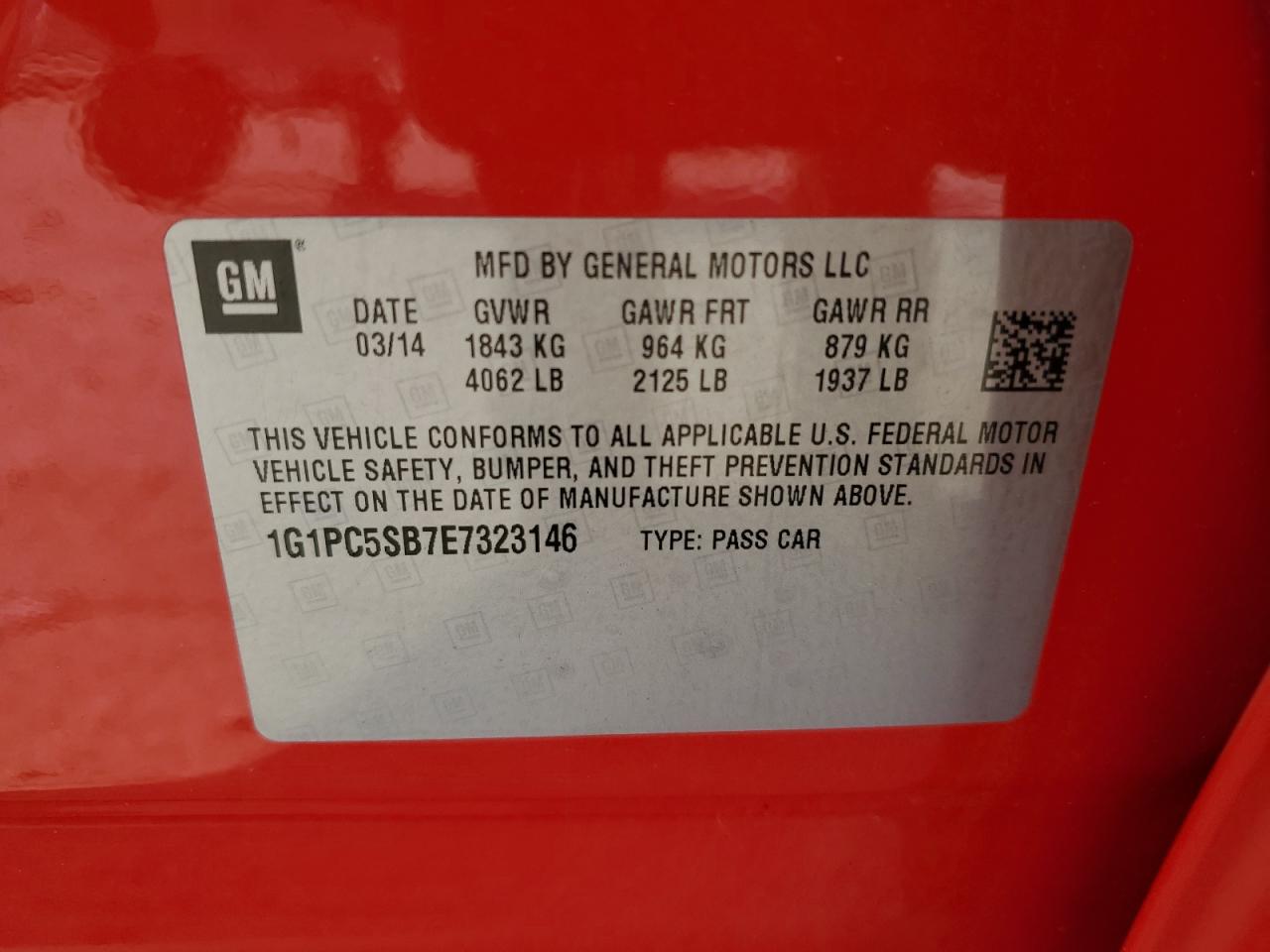 2014 Chevrolet Cruze Lt VIN: 1G1PC5SB7E7323146 Lot: 86662365