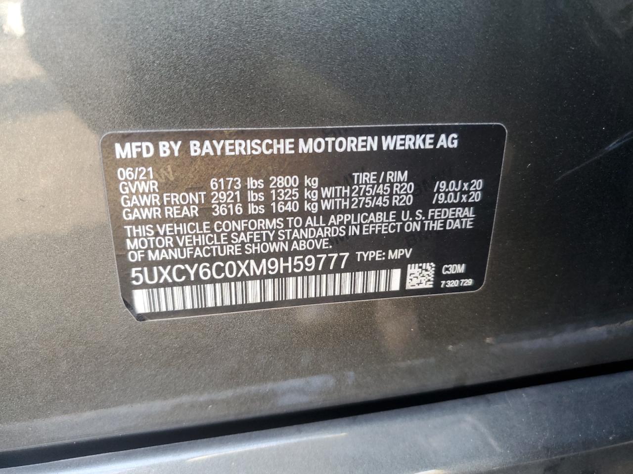 2021 BMW X6 xDrive40I VIN: 5UXCY6C0XM9H59777 Lot: 87255035