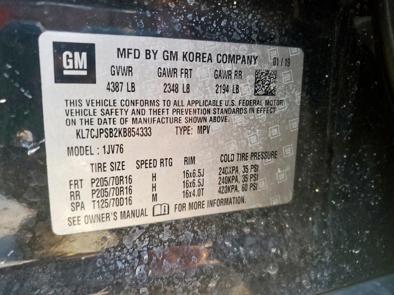 2019 Chevrolet Trax 1Lt VIN: KL7CJPSB2KB854333 Lot: 90294085