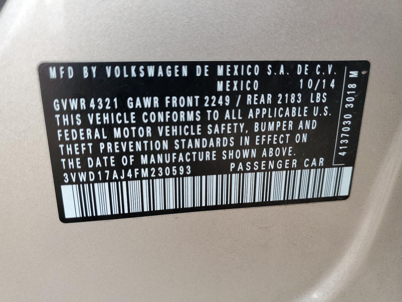 2015 Volkswagen Jetta Se VIN: 3VWD17AJ4FM230593 Lot: 82265495