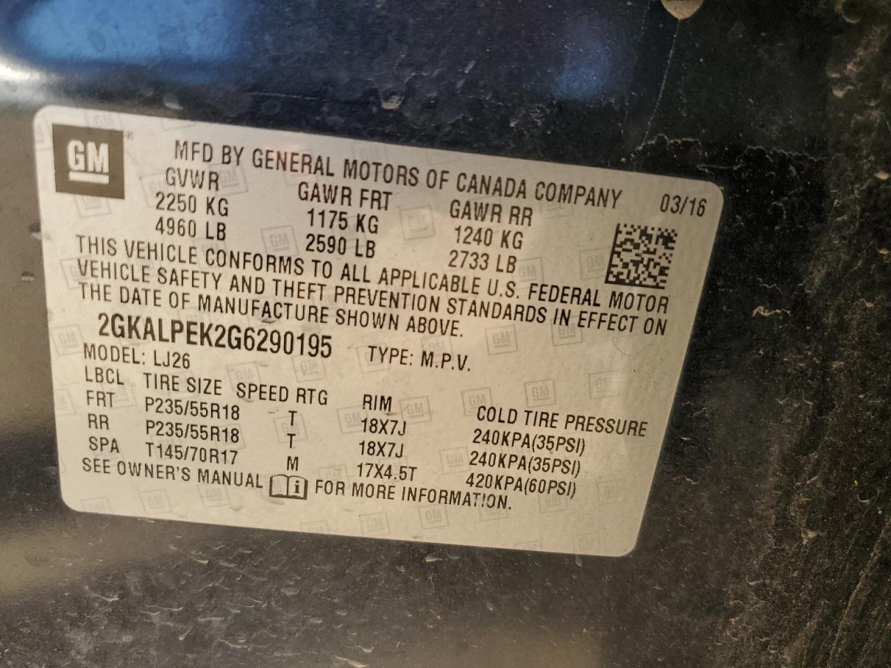 2016 GMC Terrain Slt VIN: 2GKALPEK2G6290195 Lot: 85267675