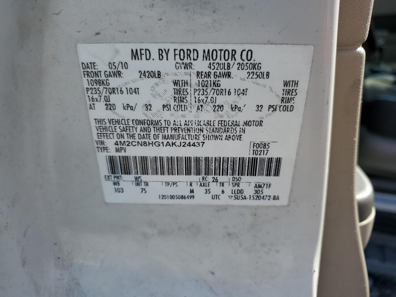 2010 Mercury Mariner Premier VIN: 4M2CN8HG1AKJ24437 Lot: 83990985