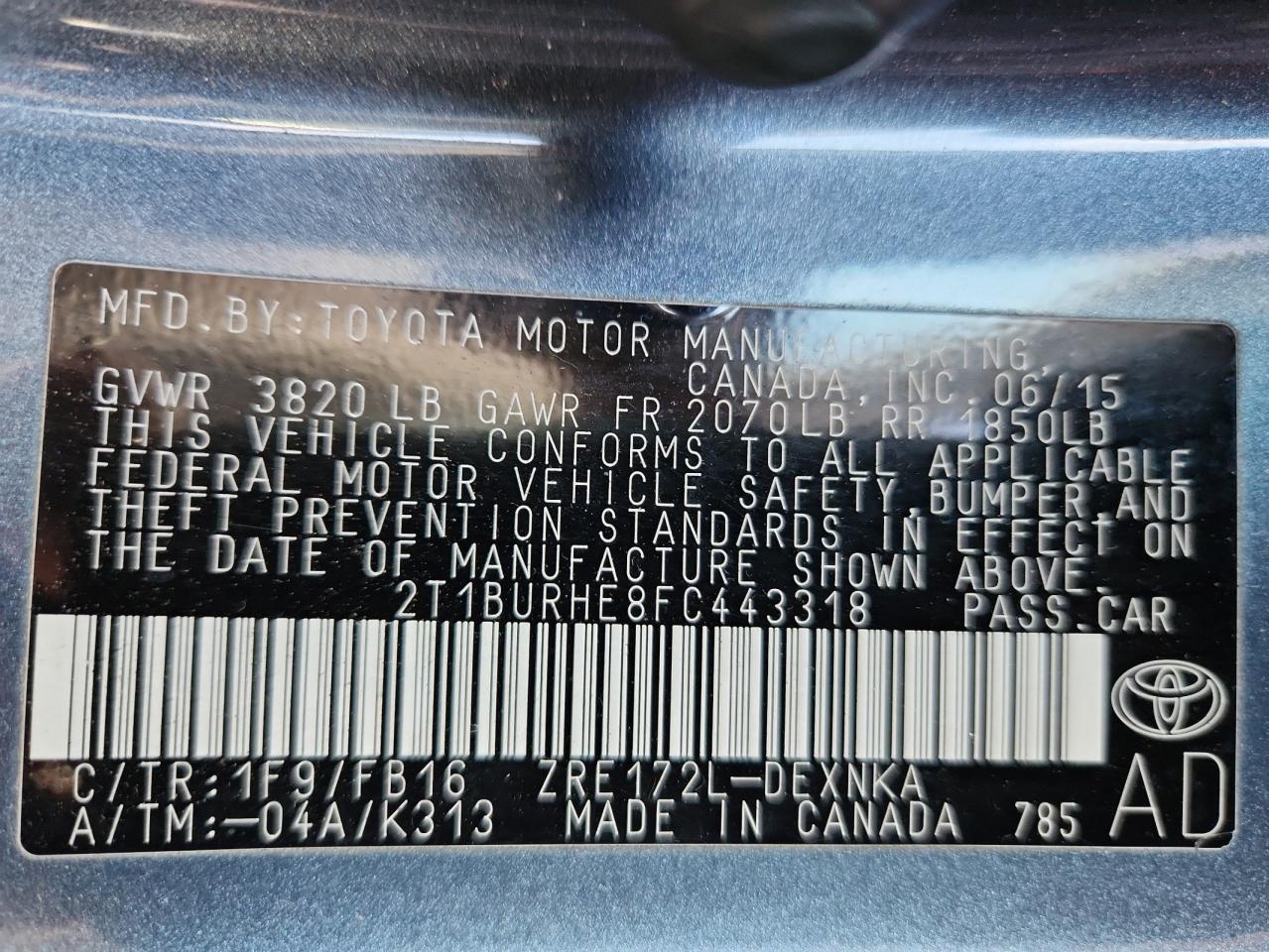 2015 Toyota Corolla L VIN: 2T1BURHE8FC443318 Lot: 84588745