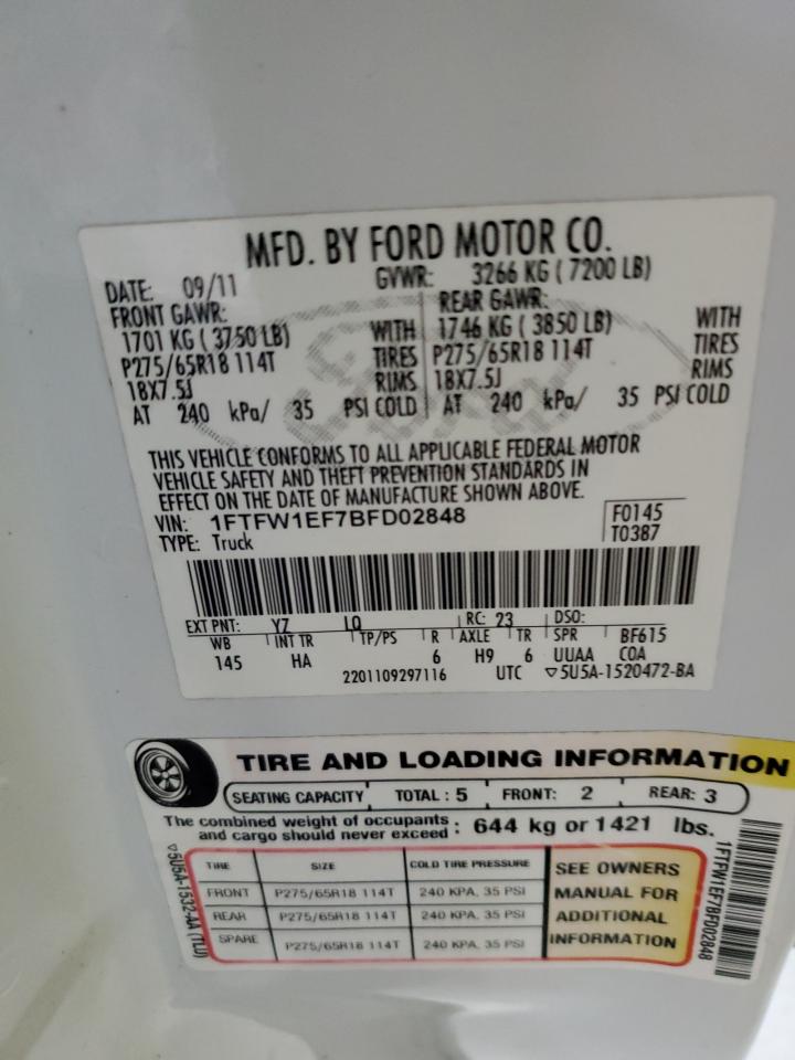 2011 Ford F150 Supercrew VIN: 1FTFW1EF7BFD02848 Lot: 89919555