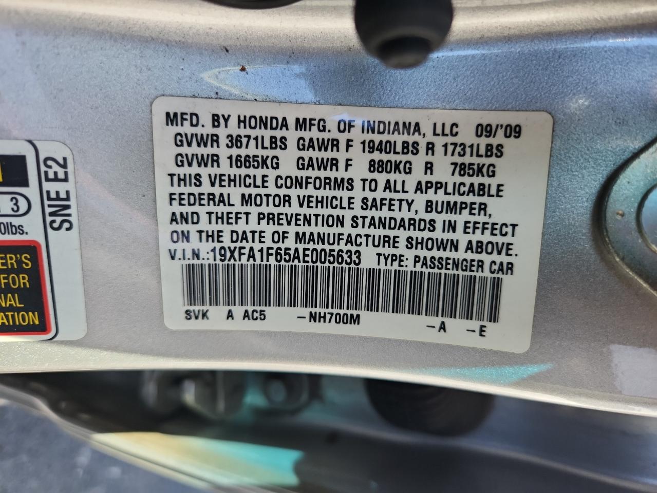 2010 Honda Civic Lx-S VIN: 19XFA1F65AE005633 Lot: 85694555