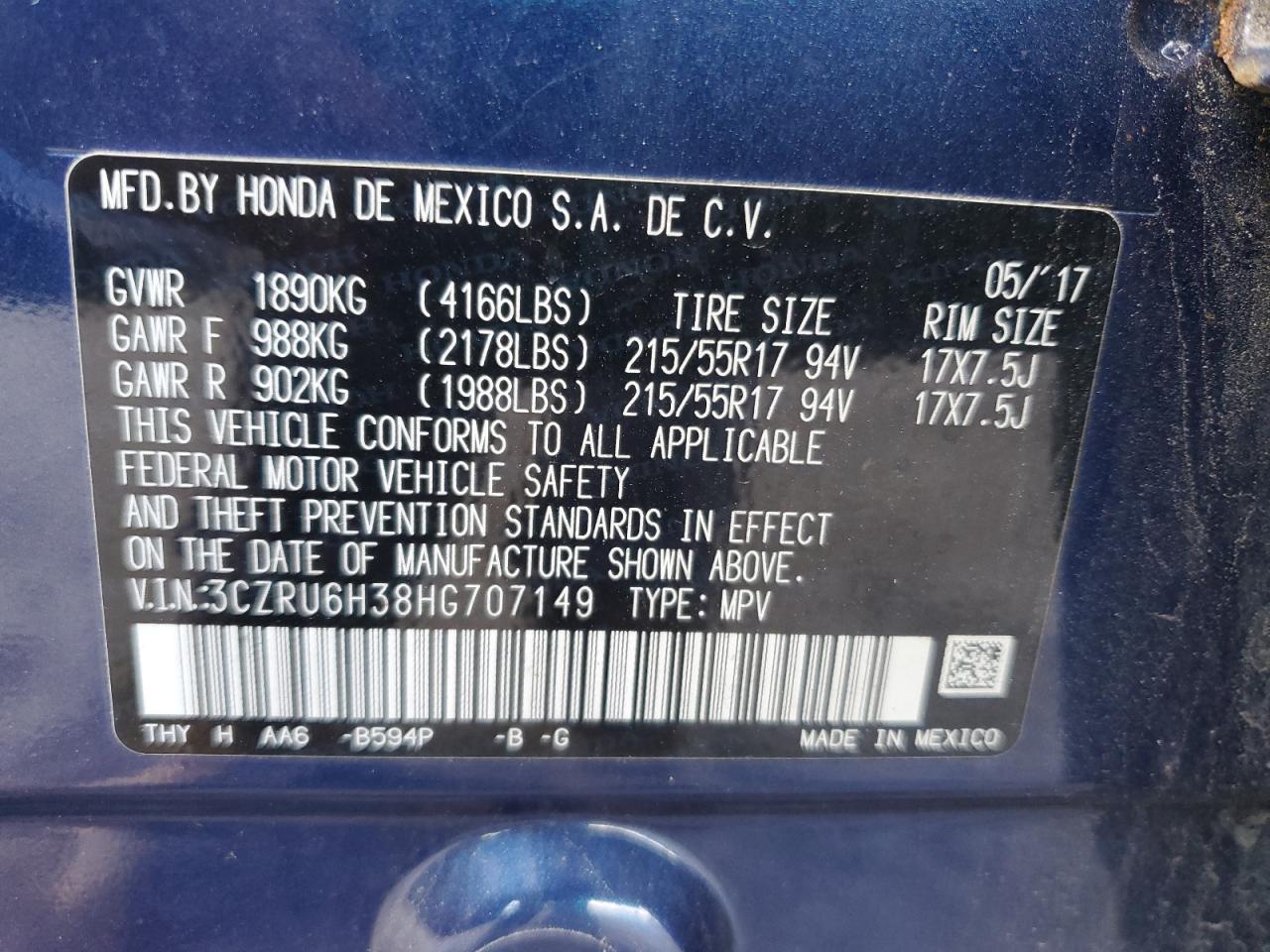 2017 Honda Hr-V Lx VIN: 3CZRU6H38HG707149 Lot: 85274795