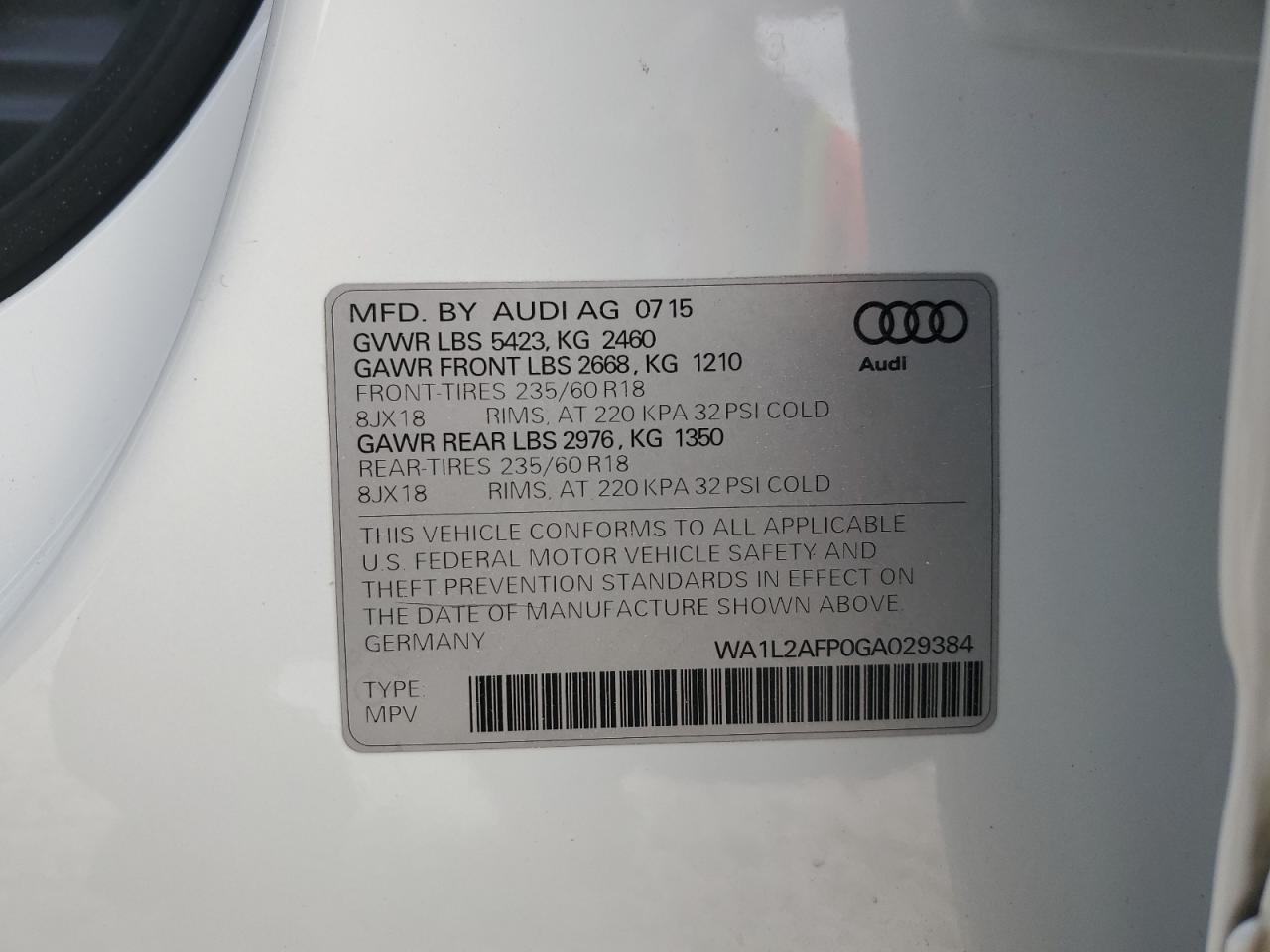 2016 Audi Q5 Premium Plus VIN: WA1L2AFP0GA029384 Lot: 85727305