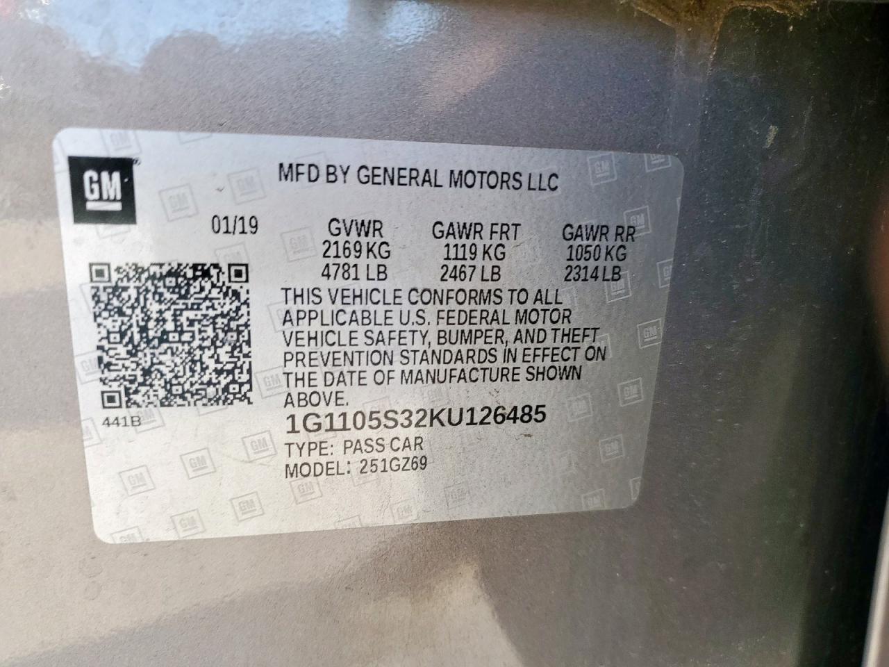 2019 Chevrolet Impala Premier VIN: 1G1105S32KU126485 Lot: 85131825