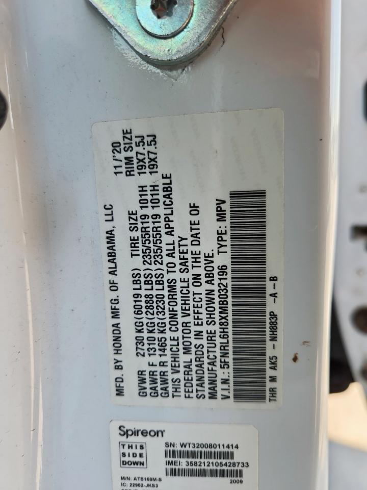 2021 Honda Odyssey Touring VIN: 5FNRL6H8XMB032196 Lot: 85553585