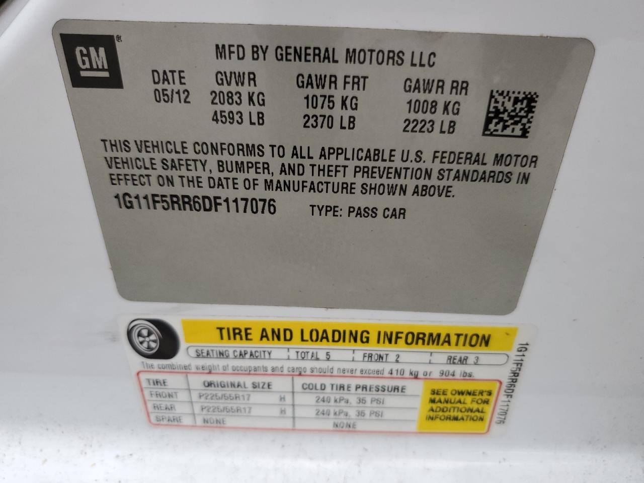 2013 Chevrolet Malibu 2Lt VIN: 1G11F5RR6DF117076 Lot: 85736475