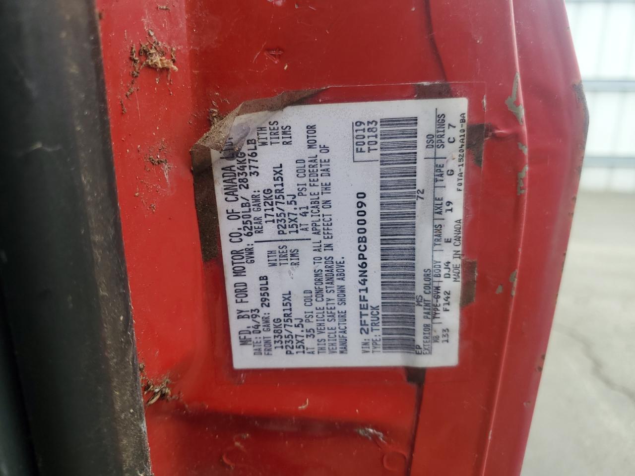 1993 Ford F150 VIN: 2FTEF14N6PCB00090 Lot: 85781585