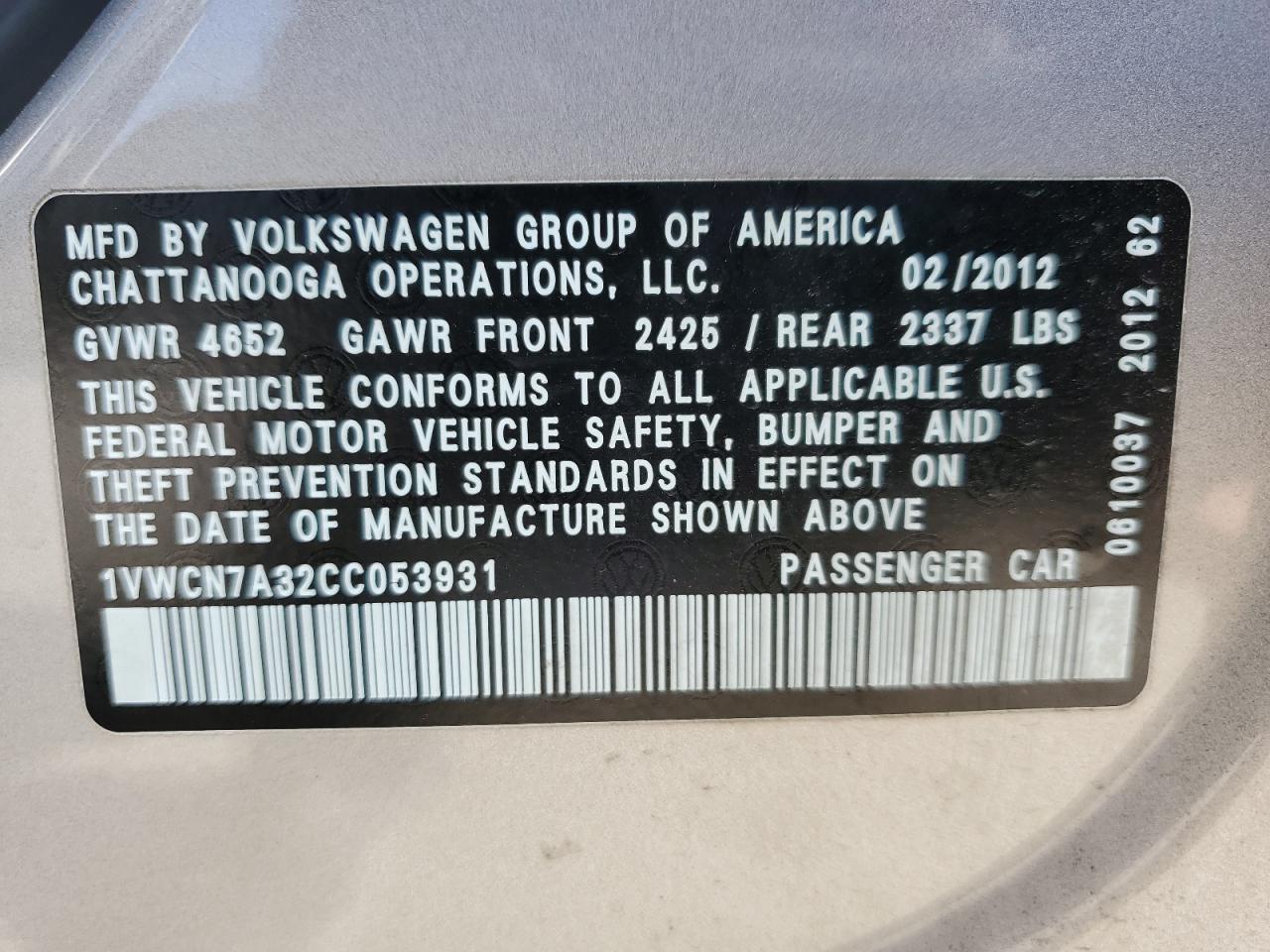 2012 Volkswagen Passat Sel VIN: 1VWCN7A32CC053931 Lot: 86692985