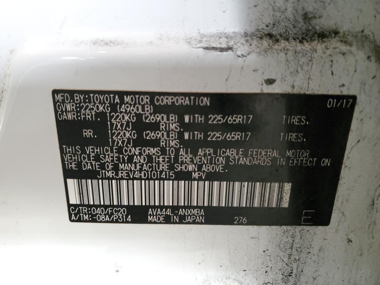 2017 Toyota Rav4 Hv Le VIN: JTMRJREV4HD101415 Lot: 85363175