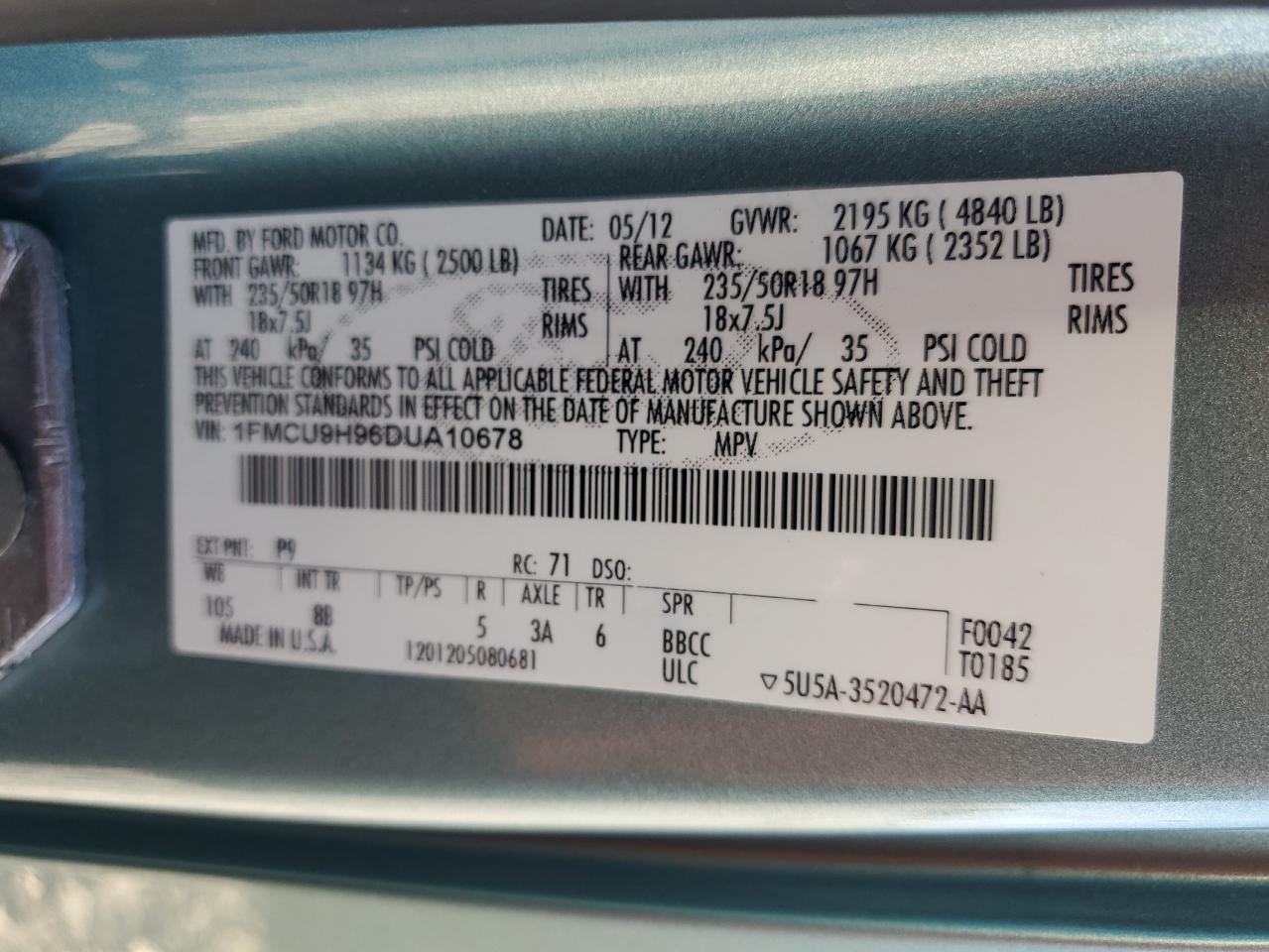 2013 Ford Escape Sel VIN: 1FMCU9H96DUA10678 Lot: 85533255