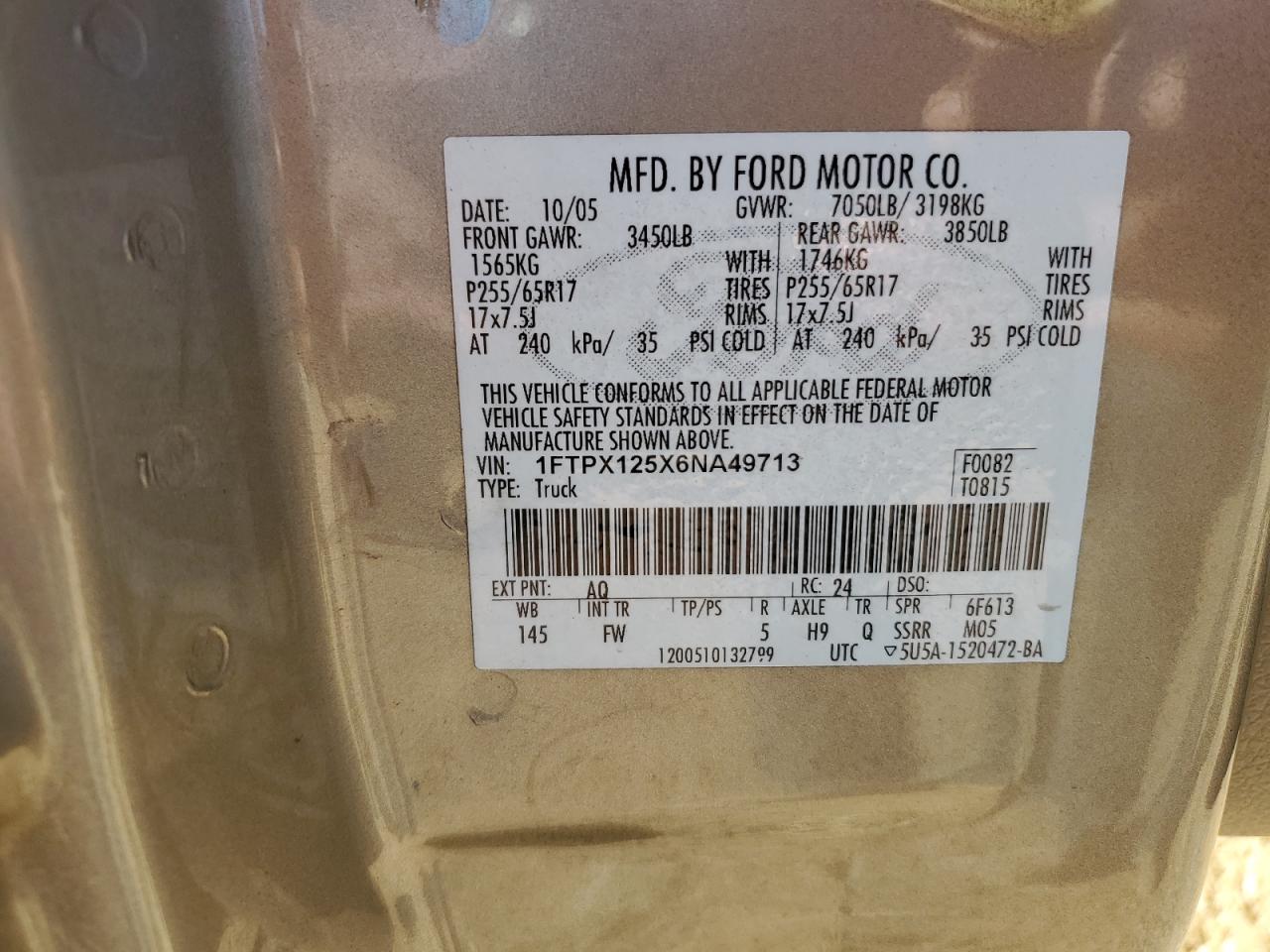 2006 Ford F150 VIN: 1FTPX125X6NA49713 Lot: 82554075