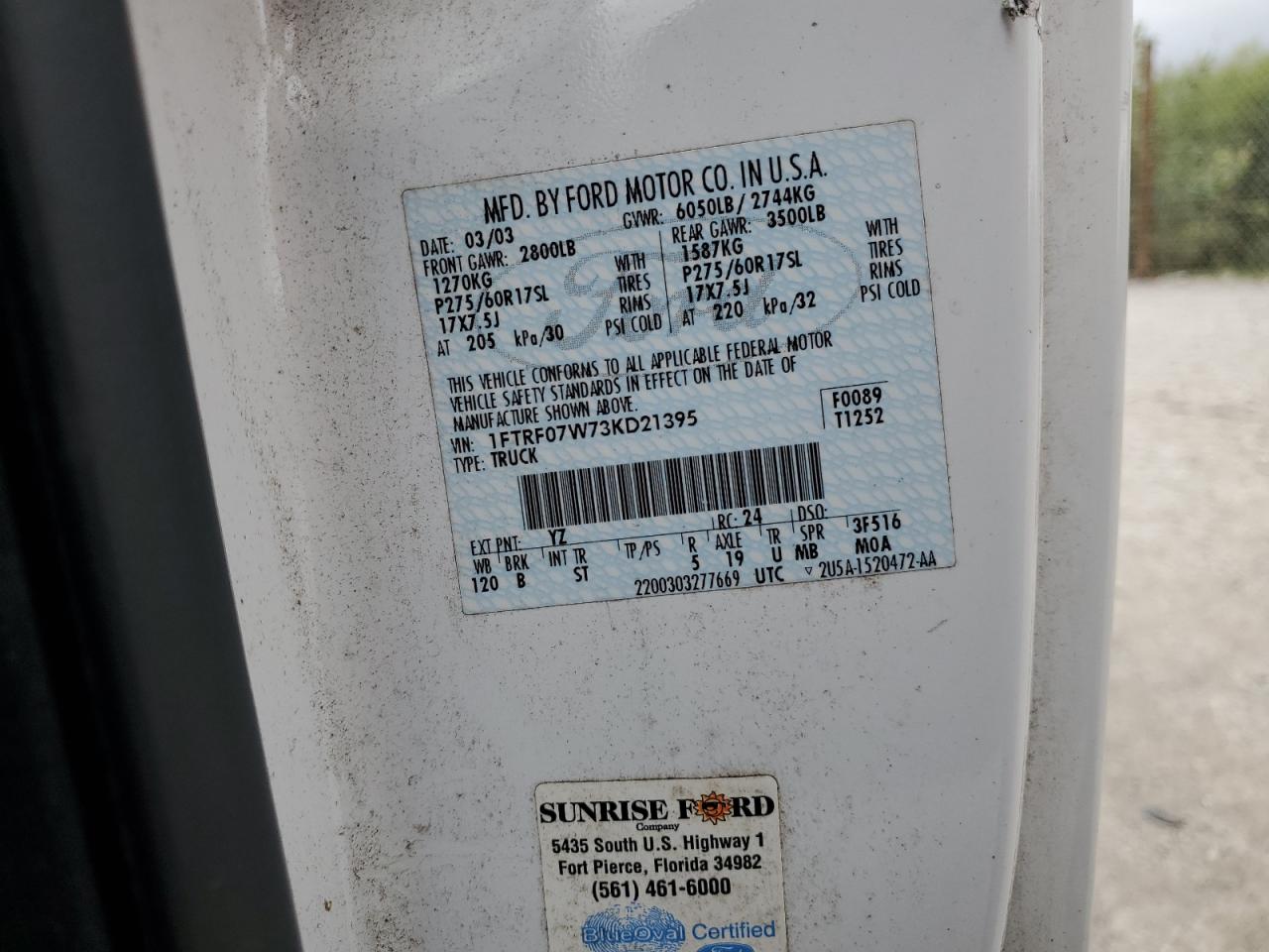 2003 Ford F150 VIN: 1FTRF07W73KD21395 Lot: 84416355