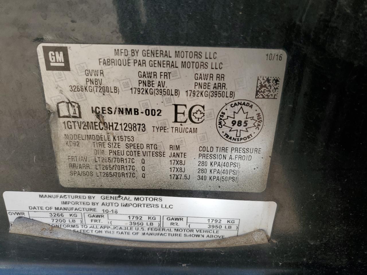 2017 GMC Sierra K1500 Sle VIN: 1GTV2MEC9HZ129873 Lot: 81971575