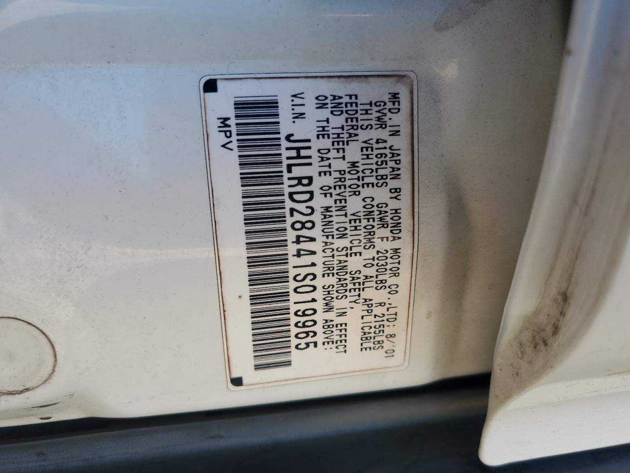 2001 Honda Cr-V Lx VIN: JHLRD28441S019965 Lot: 82501655