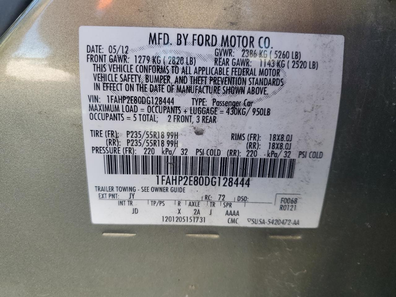 2013 Ford Taurus Sel VIN: 1FAHP2E80DG128444 Lot: 87430425