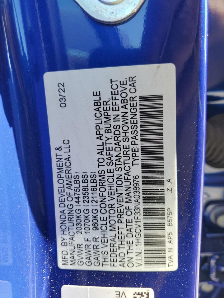 2022 Honda Accord Sport VIN: 1HGCV1F33NA038976 Lot: 82779085