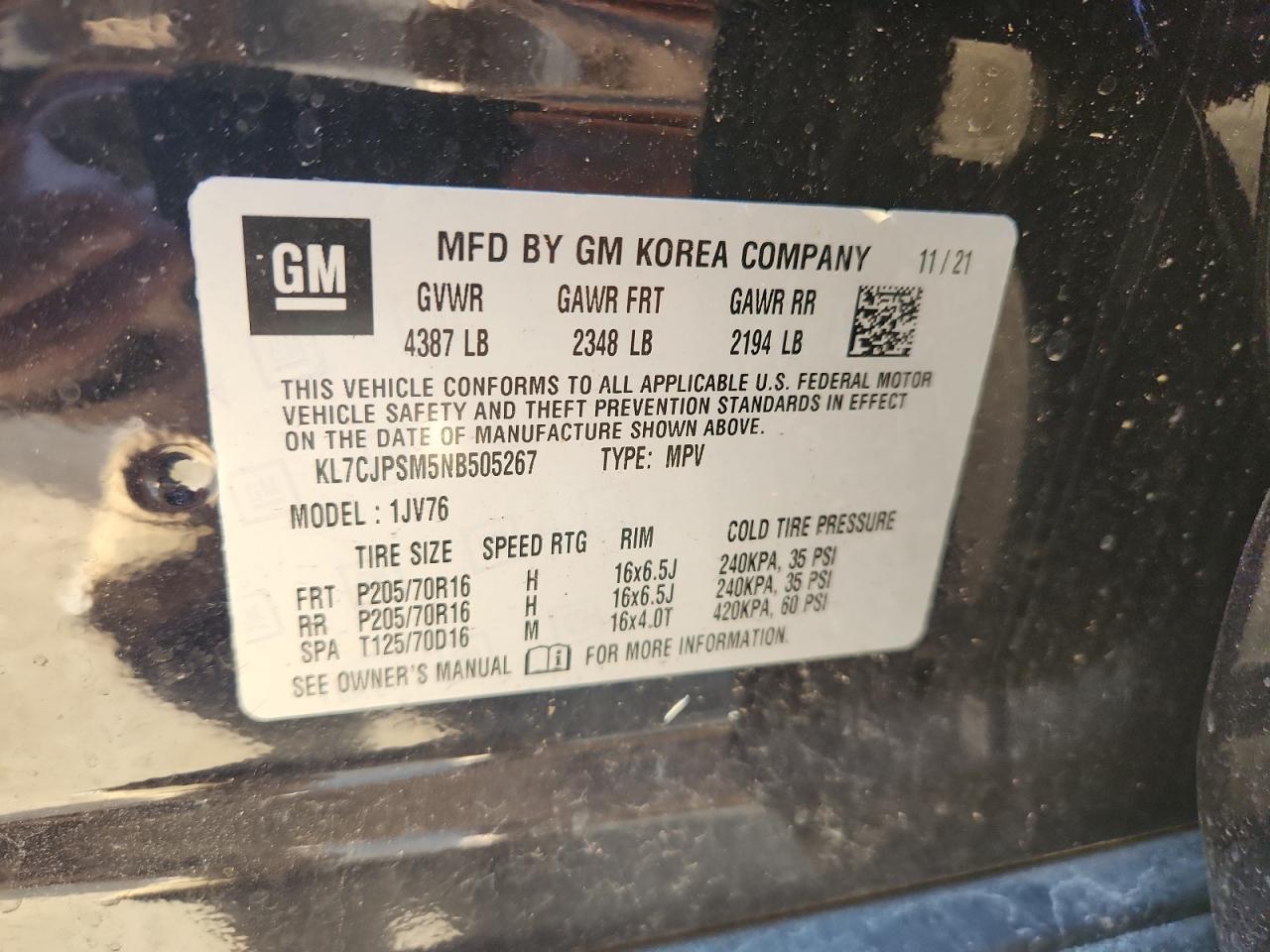 2022 Chevrolet Trax 1Lt VIN: KL7CJPSM5NB505267 Lot: 87205525