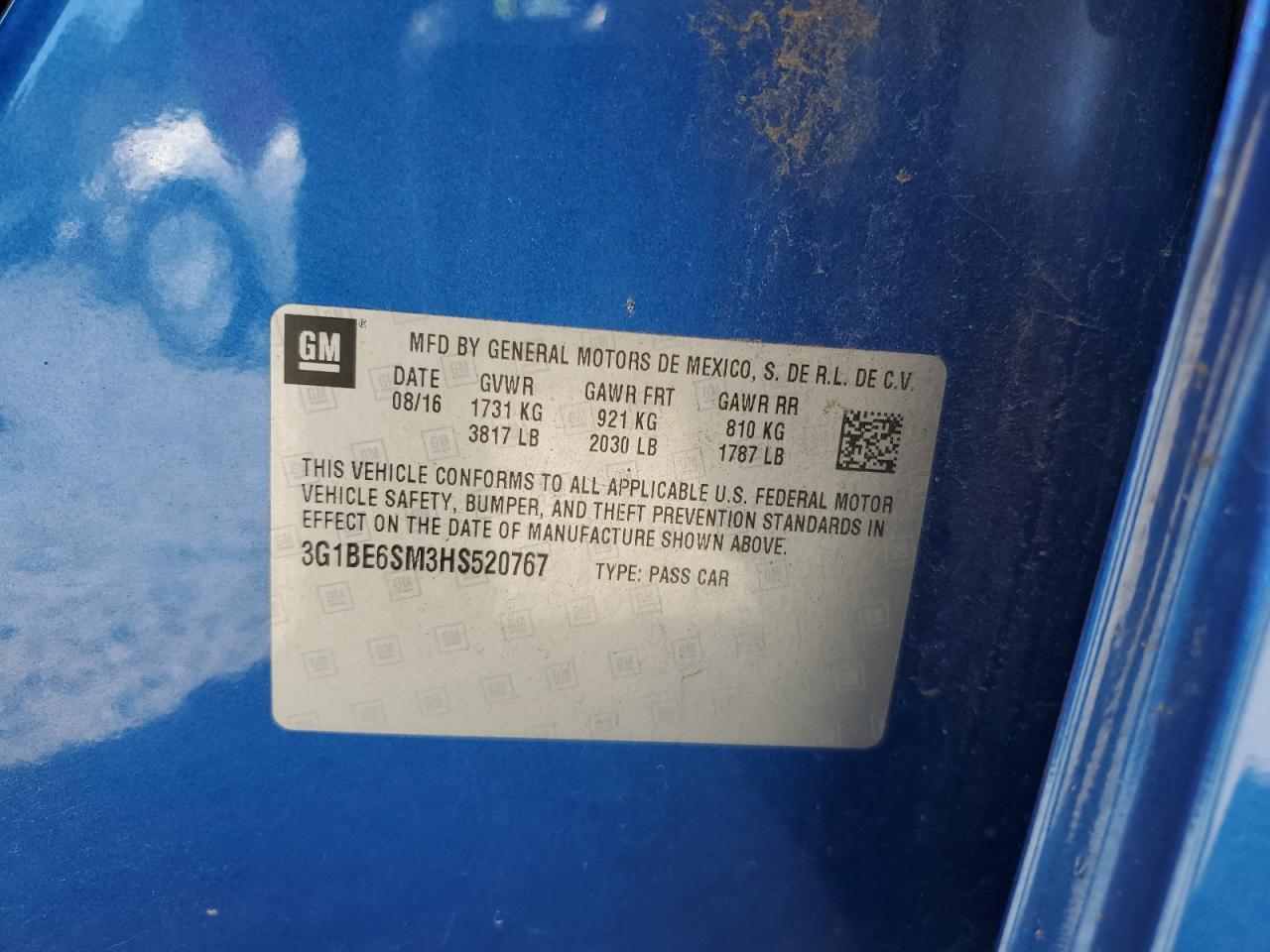 2017 Chevrolet Cruze Lt VIN: 3G1BE6SM3HS520767 Lot: 84521345