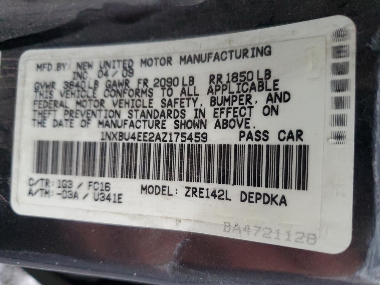 2010 Toyota Corolla Base VIN: 1NXBU4EE2AZ175459 Lot: 82770035