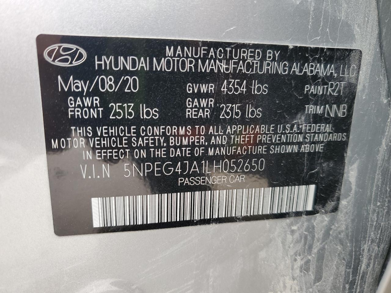 2020 Hyundai Sonata Se VIN: 5NPEG4JA1LH052650 Lot: 85927815